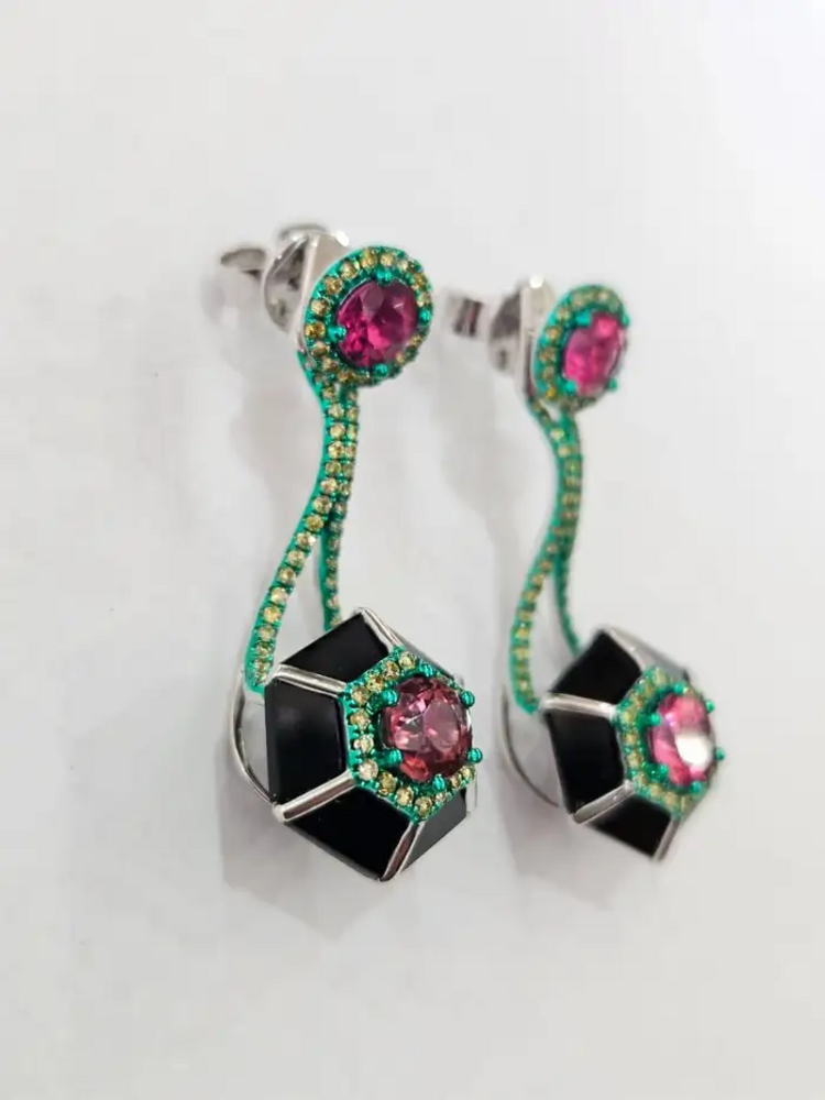 Green Rhodium 18k Gold Diamond Dangle Earrings - Natural Tourmaline & Black Onyx Stud Earrings
