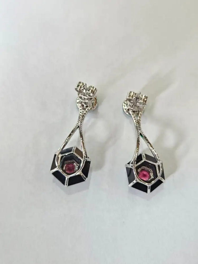 Green Rhodium 18k Gold Diamond Dangle Earrings - Natural Tourmaline & Black Onyx Stud Earrings