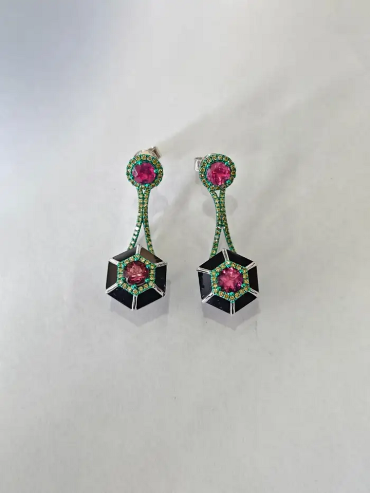 Green Rhodium 18k Gold Diamond Dangle Earrings - Natural Tourmaline & Black Onyx Stud Earrings