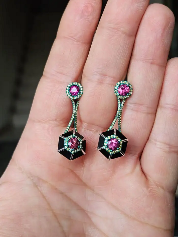 Green Rhodium 18k Gold Diamond Dangle Earrings - Natural Tourmaline & Black Onyx Stud Earrings
