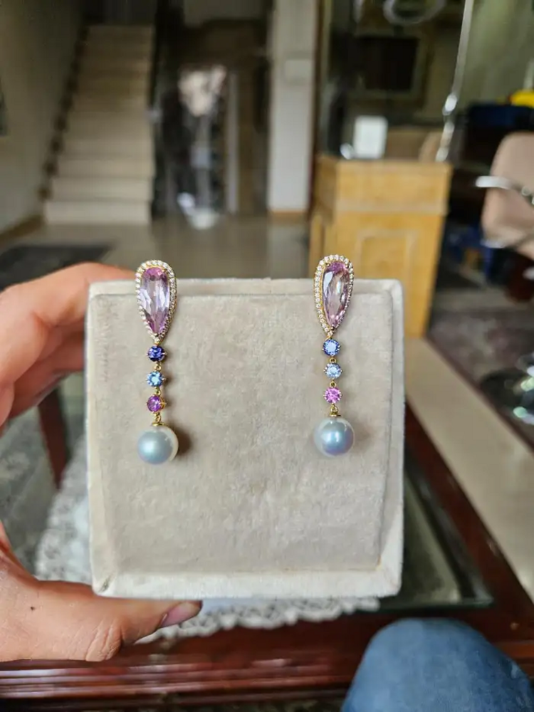 14.32 carat, Kunzite, Multi Sapphire, South Sea Pearl & Diamonds Dangle Earrings