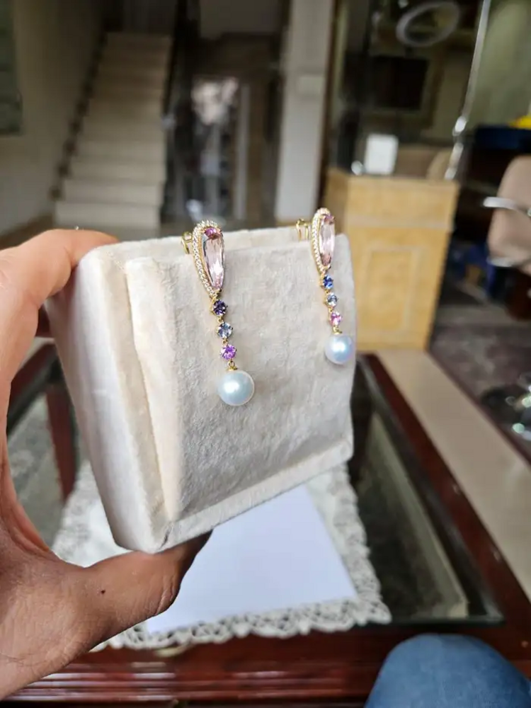 14.32 carat, Kunzite, Multi Sapphire, South Sea Pearl & Diamonds Dangle Earrings