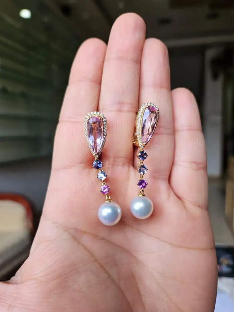14.32 carat, Kunzite, Multi Sapphire, South Sea Pearl & Diamonds Dangle Earrings