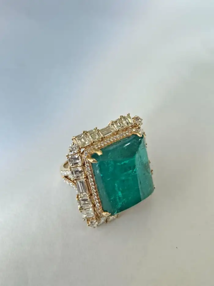 Natural 25.21 Ct. Zambian Emerald Statement Ring - 18k Yellow Gold Wedding Ring With Yellow Diamonds