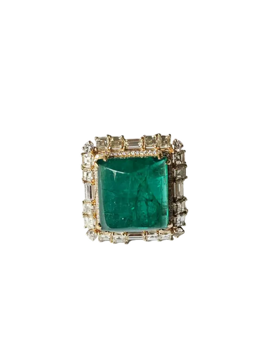Natural 25.21 Ct. Zambian Emerald Statement Ring - 18k Yellow Gold Wedding Ring With Yellow Diamonds