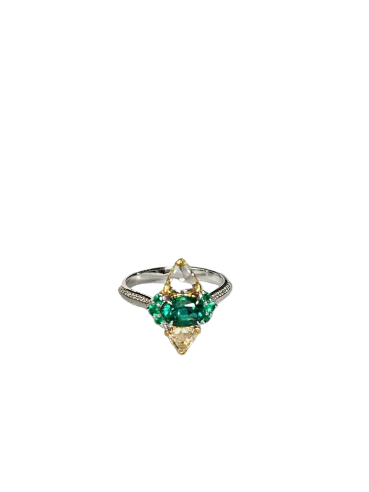 Natural Zambian Emerald Engagement Ring - 18k White Gold & Yellow Diamond Ring