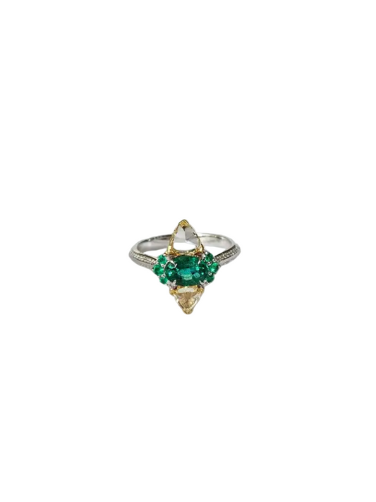 Natural Zambian Emerald Engagement Ring - 18k White Gold & Yellow Diamond Ring