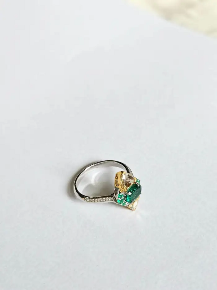 Natural Zambian Emerald Engagement Ring - 18k White Gold & Yellow Diamond Ring