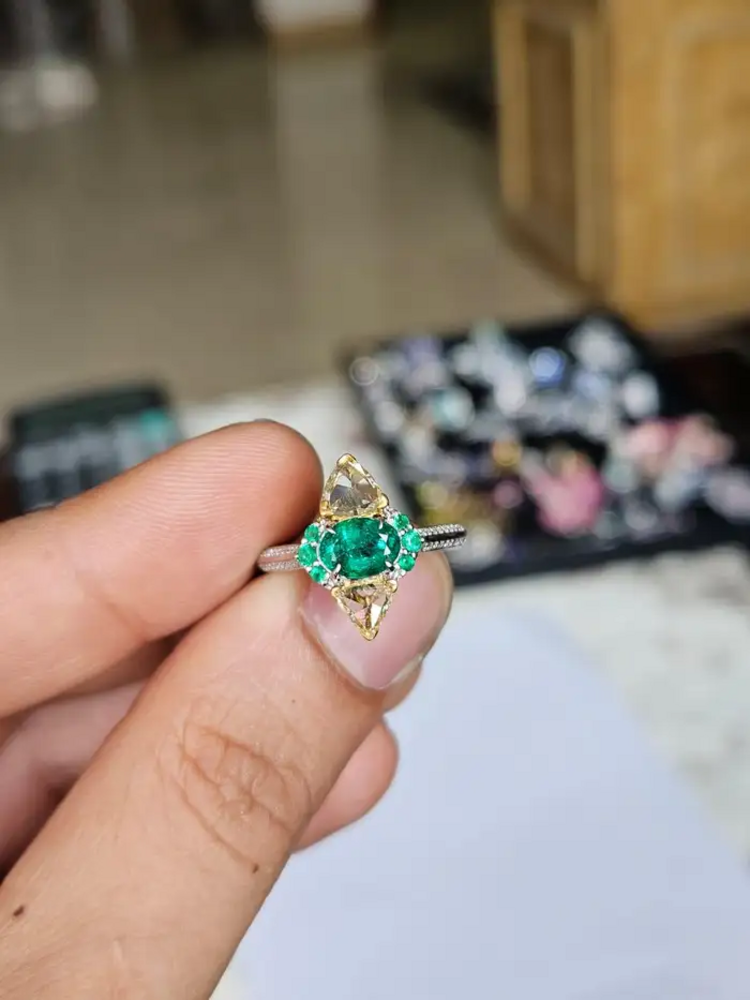 Natural Zambian Emerald Engagement Ring - 18k White Gold & Yellow Diamond Ring