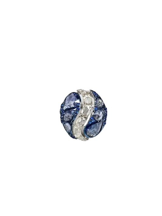 Natural Blue Sapphire Statement Ring - 18k White Gold & Rose Cut Diamond Cocktail Ring