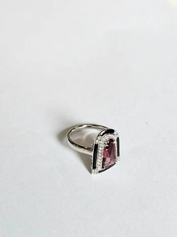 Natural Tourmaline & Black Enamel Ring - 18k White Gold Diamond Cocktail Ring