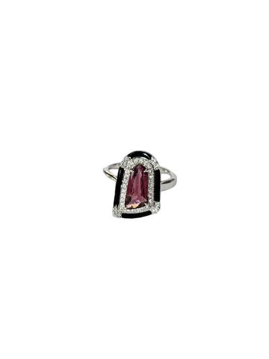 Natural Tourmaline & Black Enamel Ring - 18k White Gold Diamond Cocktail Ring