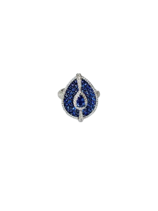 18k White Gold Diamond Handmade Ring - Natural Blue Sapphire Cocktail Ring