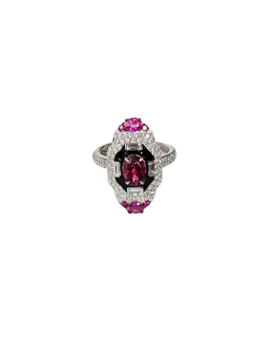 18k White Gold Diamond Ring - Natural Tourmaline & Black Enamel Ring