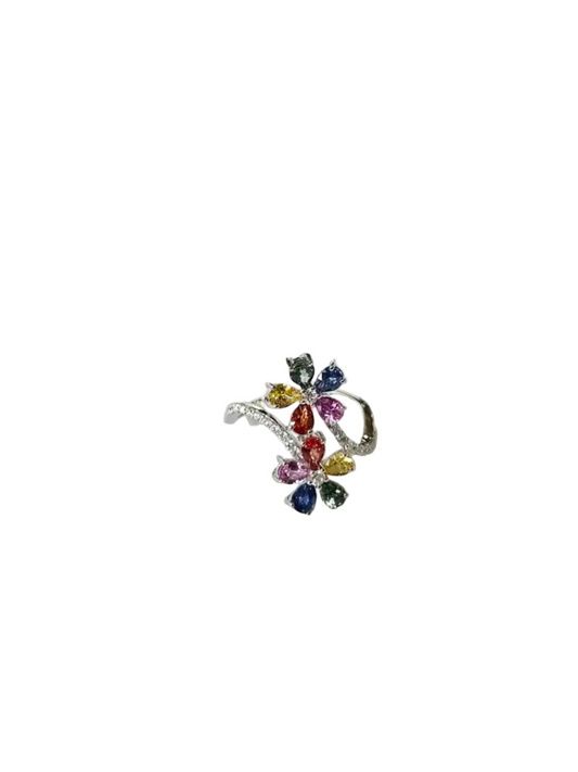 Natural Multi Sapphire Engagement Ring - 18k White Gold Diamond Ring