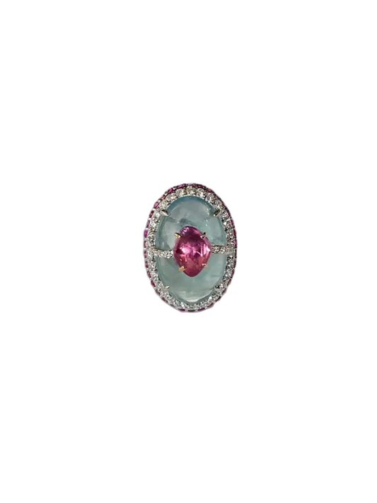 Natural Aquamarine & Pink Sapphire Cocktail Ring - 18k White Gold Diamond Handmade Ring