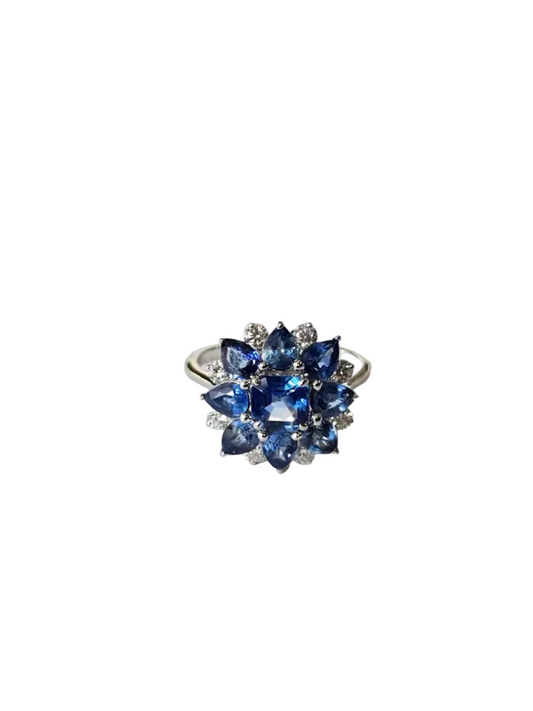 Natural Blue Sapphire Diamond Cocktail Ring - 18k White Gold Handmade Ring