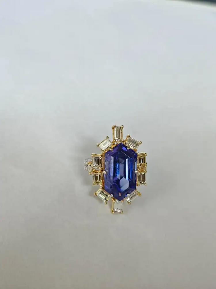 18k White Gold Yellow Diamond Engagement Ring - Natural Hexagon Cut Tanzanite Statement Ring