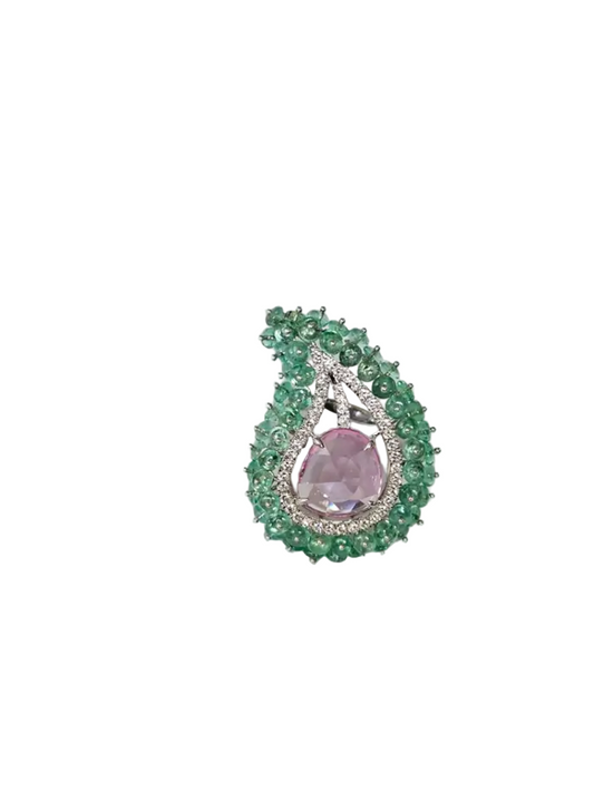 Natural Emerald & Pink Sapphire  Statement Ring - 18k White Gold Diamond Handmade Ring