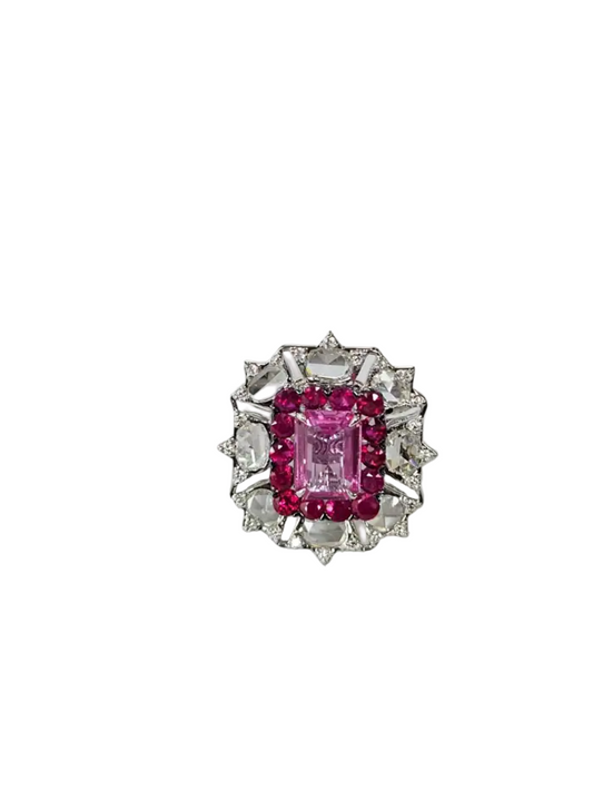 18k White Gold Rose Cut Diamond Cocktail Ring - Natural Ruby & Pink Sapphire Wedding Ring