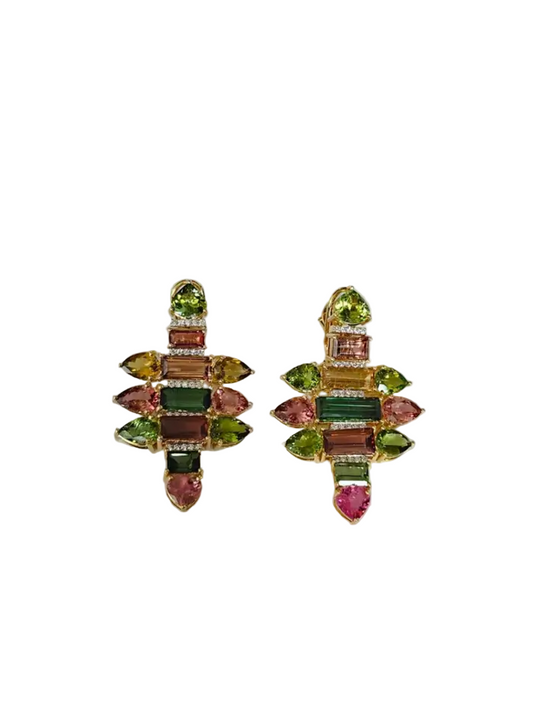 18k Yellow Gold Diamond Earrings - Natural Tourmaline Gemstone Chandelier Earrings