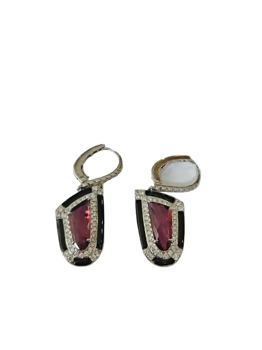 Natural Tourmaline & Black Enamel Earrings - 18k White Gold Diamond Dangle Earrings