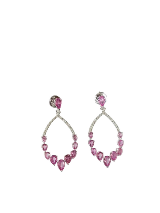 Natural Pink Sapphire Dangle Earrings - 18k White Gold Handmade Diamond Women Earrings