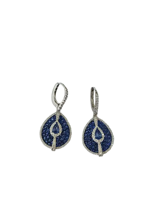 Natural Blue Sapphire & Diamond Earrings - 18k White Gold Handmade Dangle Earrings