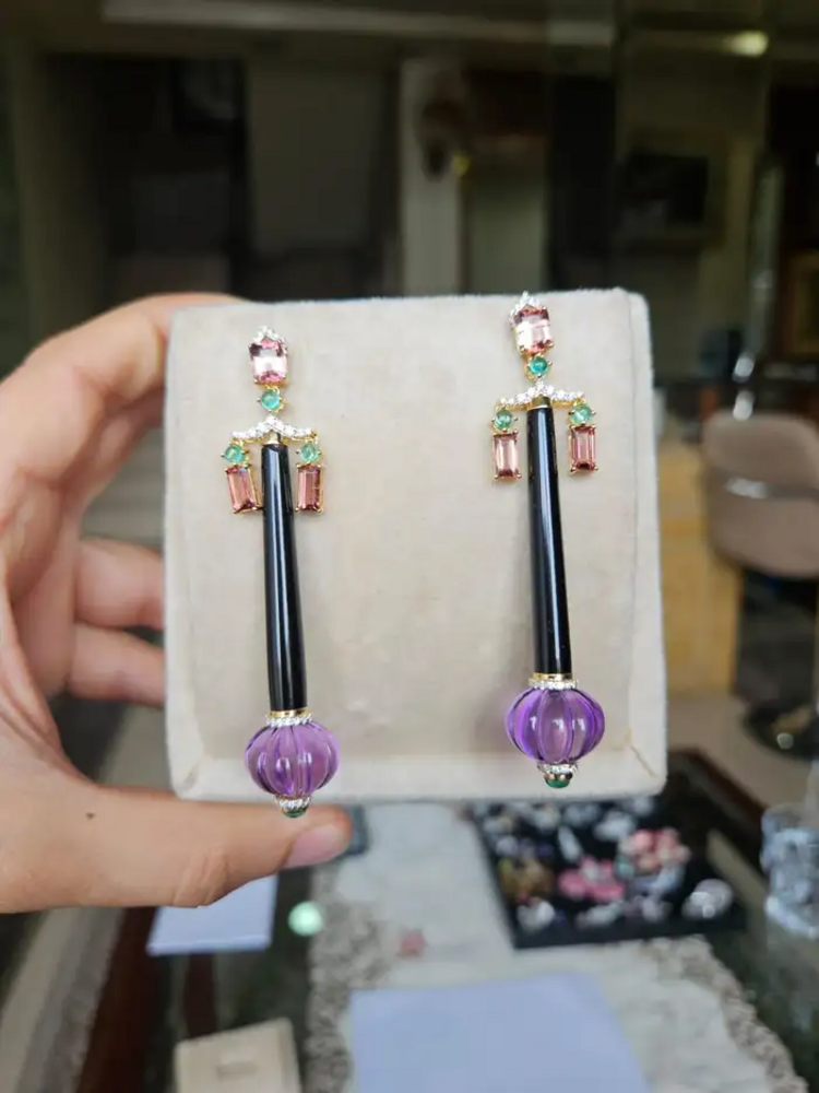 Natural Amethyst , Tourmaline & Black Onyx Dangle Earrings - 18k Yellow Gold Diamond Earrings