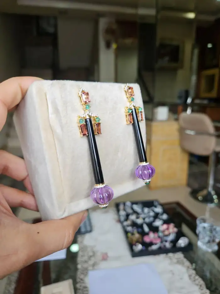 Natural Amethyst , Tourmaline & Black Onyx Dangle Earrings - 18k Yellow Gold Diamond Earrings