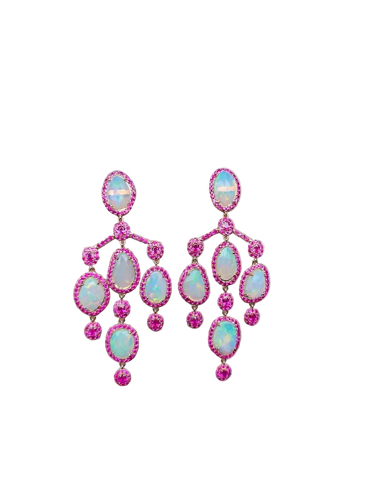 Ethiopian Opal & Mozambique Ruby Chandelier Earrings - 18k Gold Diamond Dangle Earrings