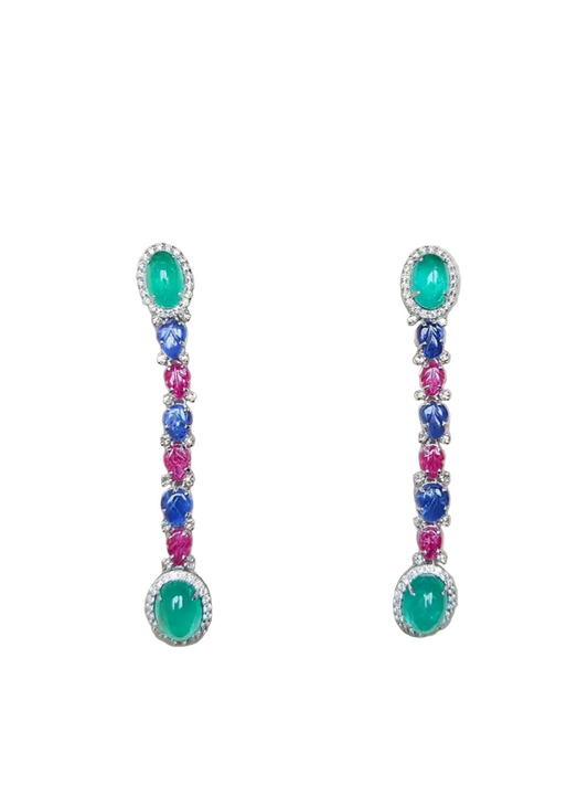 Natural Colombian Emerald & Carved Ruby Gemstone Dangle Earrings - 18k White Gold Diamond Earrings
