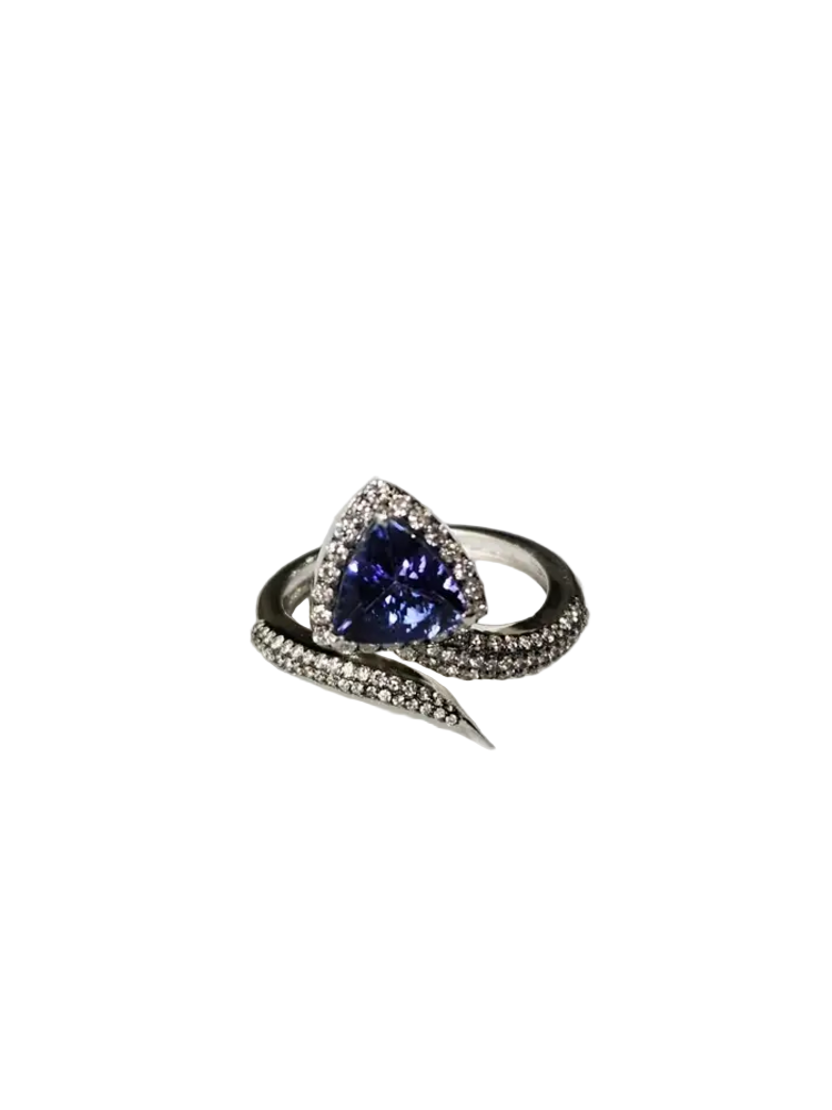 1.58 Ct. Trillion Shape Tanzanite Wrap Ring - 18k White Gold Diamond Handmade Ring