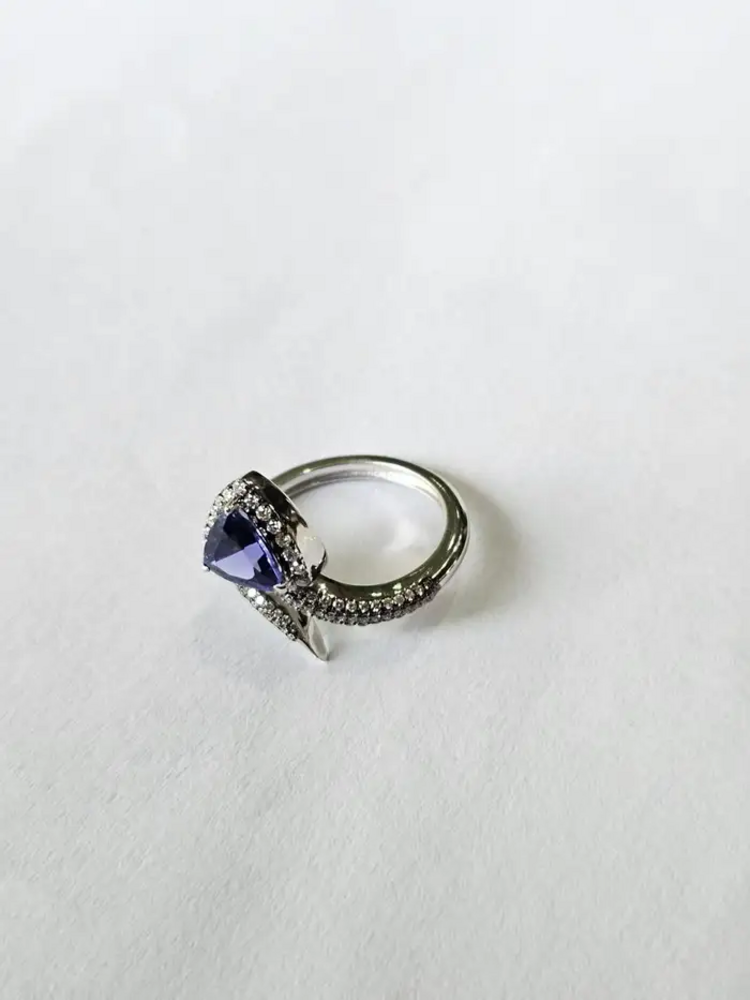 1.58 Ct. Trillion Shape Tanzanite Wrap Ring - 18k White Gold Diamond Handmade Ring