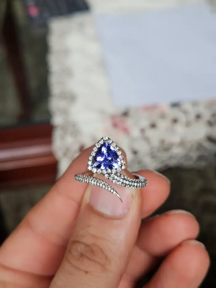 1.58 Ct. Trillion Shape Tanzanite Wrap Ring - 18k White Gold Diamond Handmade Ring