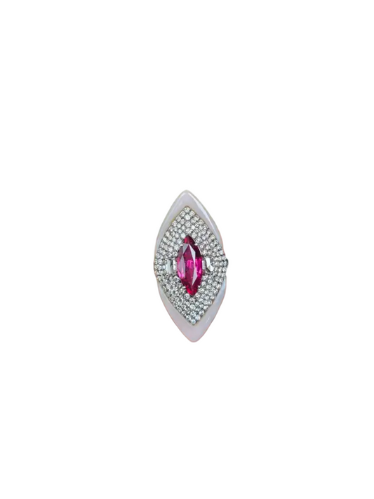 18k White Gold Diamond Handmade Ring - Natural Rubellite & Pink Opal Statement Ring