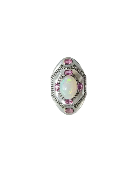 Ethiopian Opal, Mother Of Pearl & Pink Sapphire Cocktail Ring - 18k White Gold Diamond Statement Ring