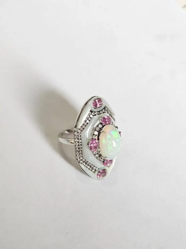 Ethiopian Opal, Mother Of Pearl & Pink Sapphire Cocktail Ring - 18k White Gold Diamond Statement Ring