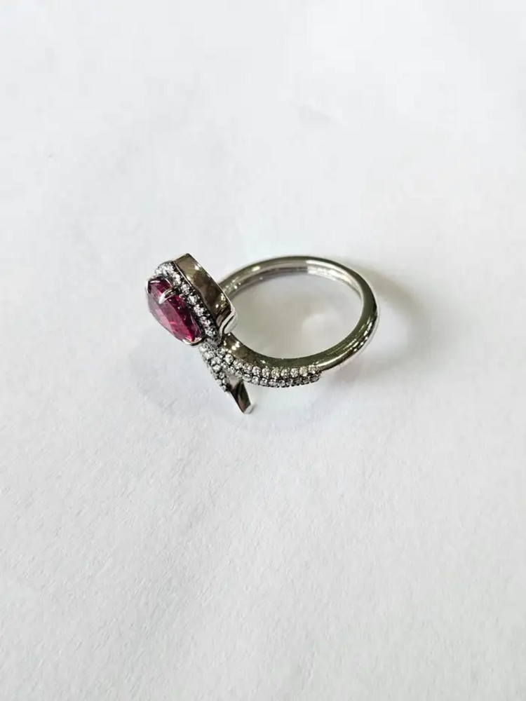 18k White Gold Diamond Ring - Natural Rubellite Gemstone Engagement Ring