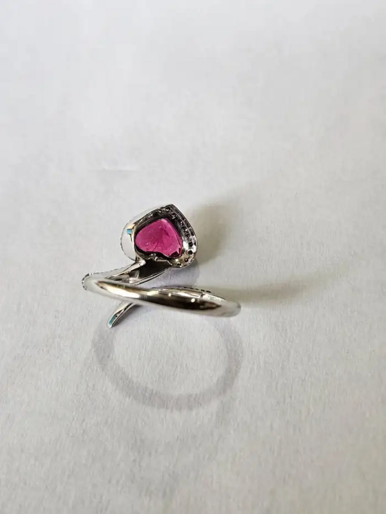 18k White Gold Diamond Ring - Natural Rubellite Gemstone Engagement Ring