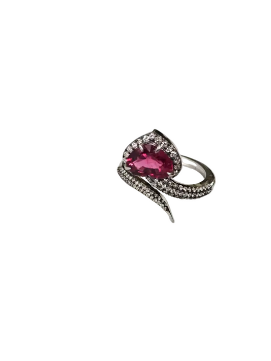 18k White Gold Diamond Ring - Natural Rubellite Gemstone Engagement Ring