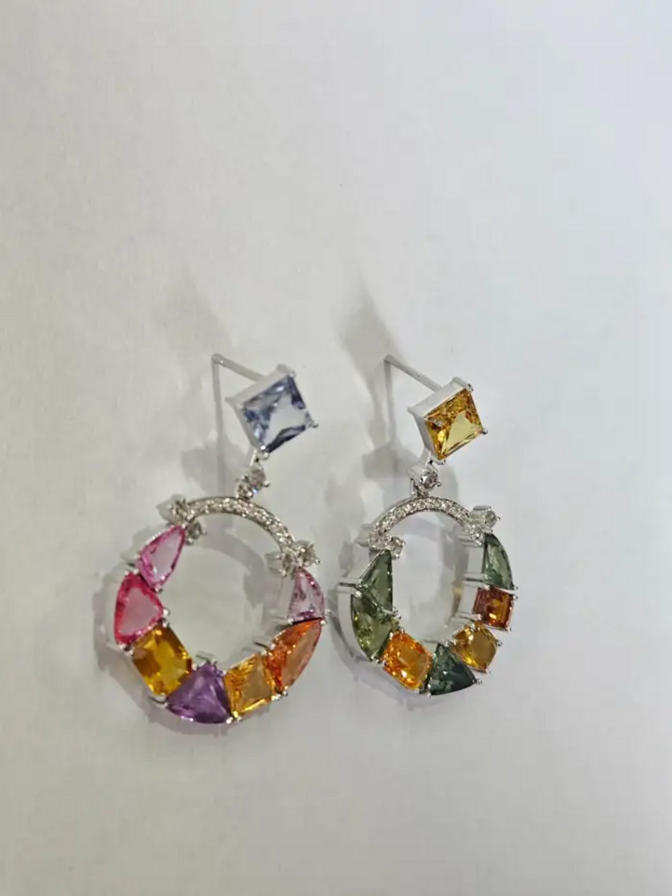 18k White Gold Diamond Earrings - Natural Ceylon Multi Sapphire Dangle Earrings