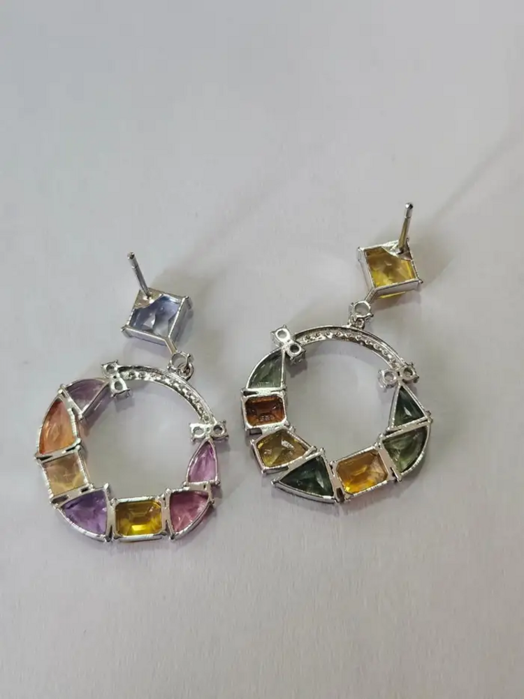 18k White Gold Diamond Earrings - Natural Ceylon Multi Sapphire Dangle Earrings