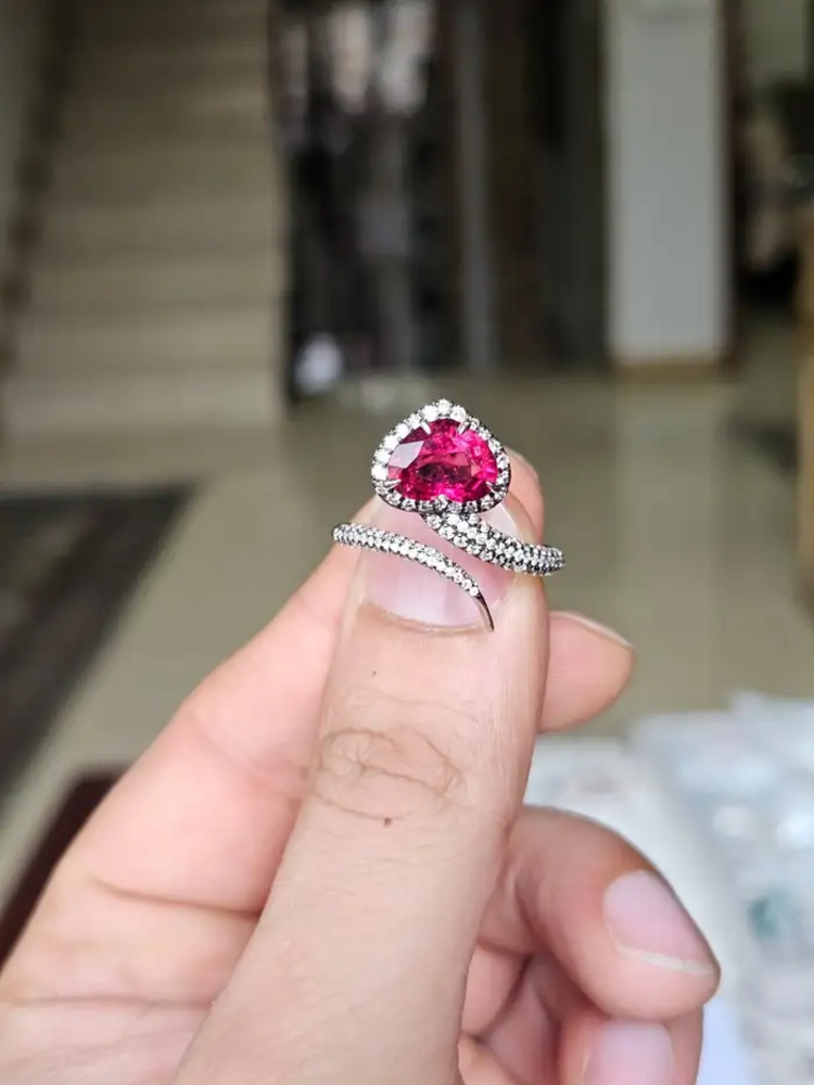 18k White Gold Diamond Ring - Natural Rubellite Gemstone Engagement Ring