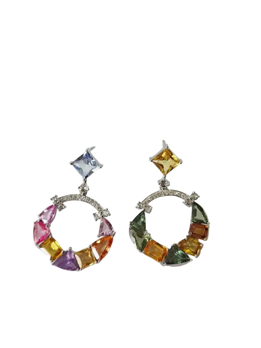 18k White Gold Diamond Earrings - Natural Ceylon Multi Sapphire Dangle Earrings
