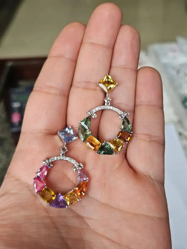 18k White Gold Diamond Earrings - Natural Ceylon Multi Sapphire Dangle Earrings