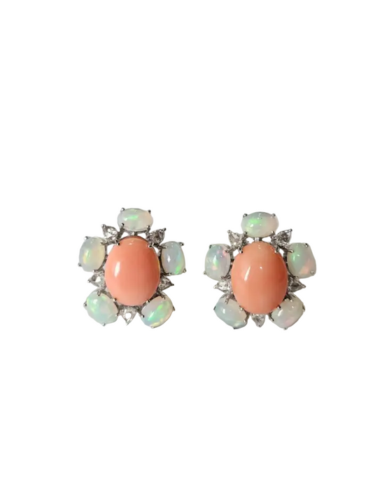 18k White Gold Rose Cut Diamond Stud Earrings - Natural Ethiopian Opal & Coral Earrings