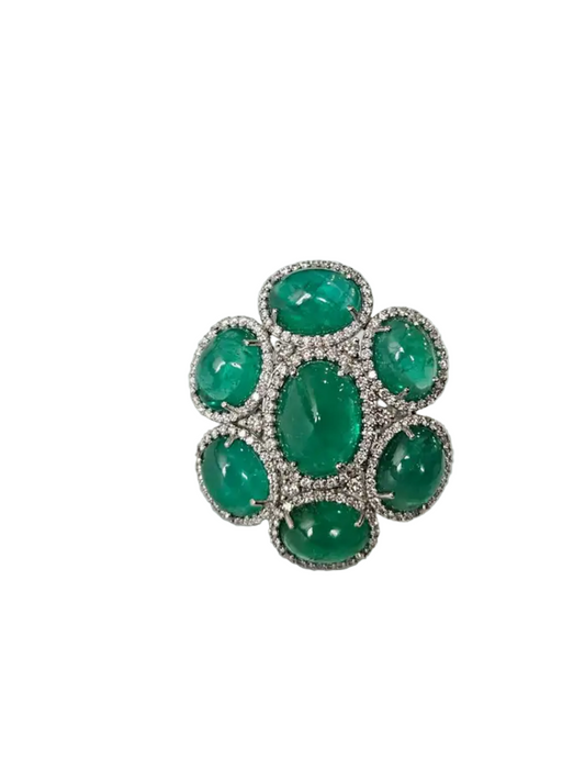 18k White Gold Diamond Statement Ring - Natural Cabochon Emerald Gemstone Ring