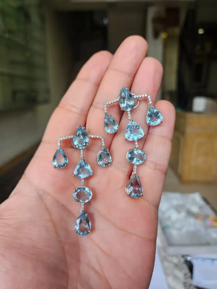 Aquamarine Gemstone Dangle Earrings - 18k White Gold Diamond Chandelier Earrings