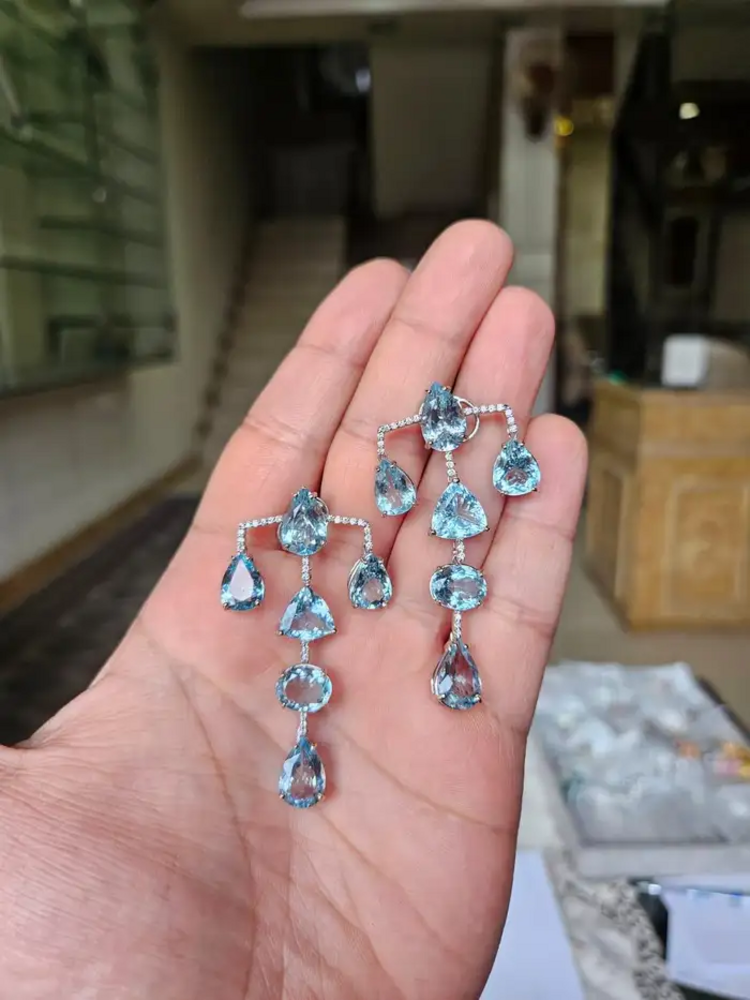 Aquamarine Gemstone Dangle Earrings - 18k White Gold Diamond Chandelier Earrings